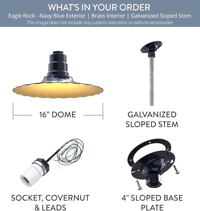 Steel Lighting Co. Eagle Rock Pendant | Ceiling Mounted Light | 16 inch Radial Wave | 12" Sloped Stem | Heavy Duty Steel Retro Farmhouse Style Made in America | Navy Blue Exterior/Brass Interior