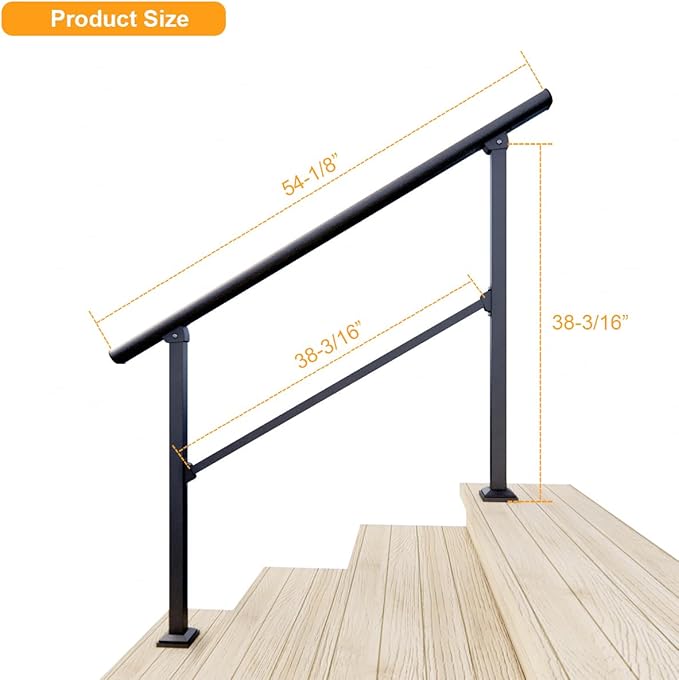 DIYHD 4 Step Handrail for Outdoor,Powder Coated Iron Stair Railing,Black Hand Rails for Indoor, Porch,Deck,1 Pack