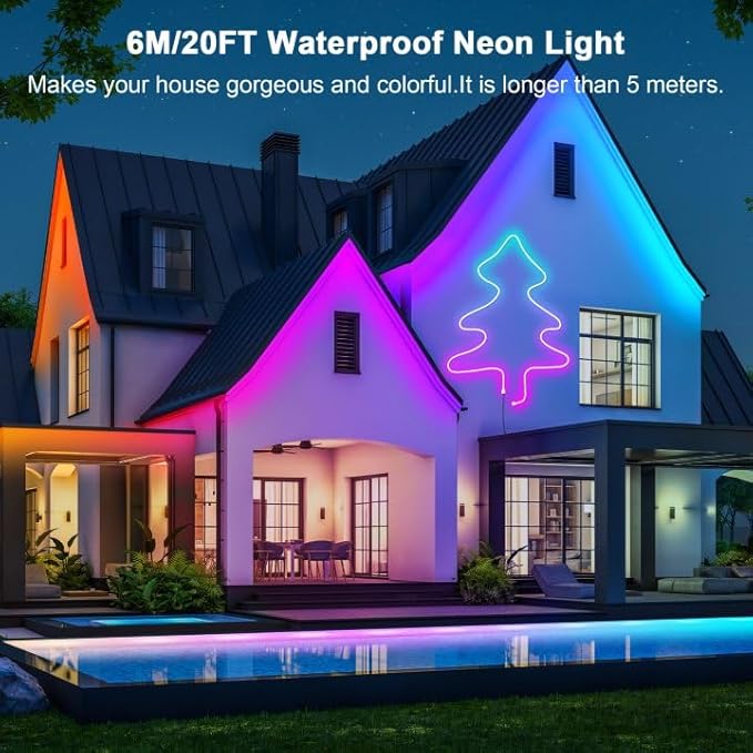 Cozylady 20Ft RGB LED Neon Rope Lights for Bedroom, 6m LED Strip Lamp with Double Sided Adhesive Tape, App/Remote Control Waterproof DIY Lights Decorate The Outdoor and Indoor of Your Home.