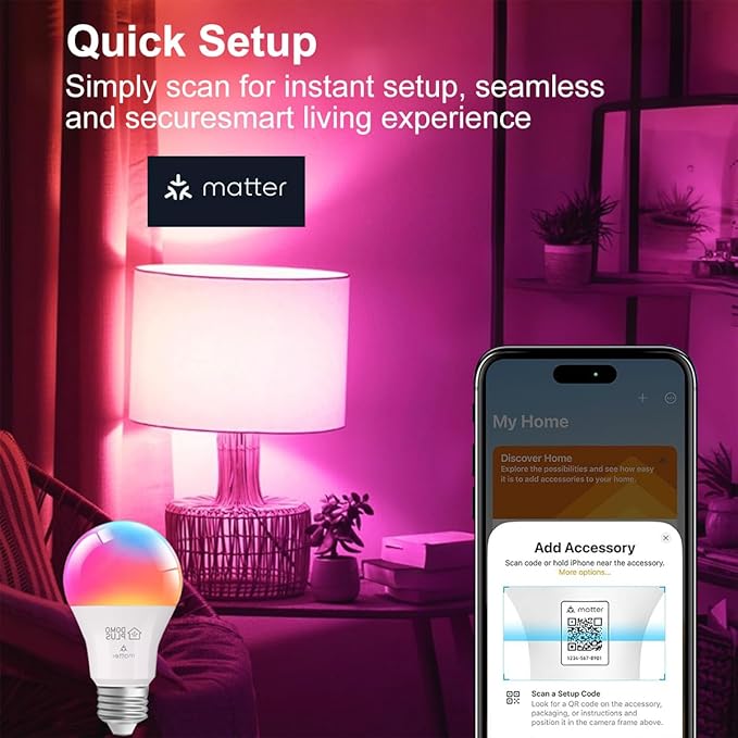 Matter Smart Light Bulb, A19 WiFi Smart Bulbs, Recessed Can LED Color Changing Light Bulbs RGBW, Works with Matter, Alexa and Google Assistant, 2.4Ghz Only, E26 800 Lumen, 2 Pack