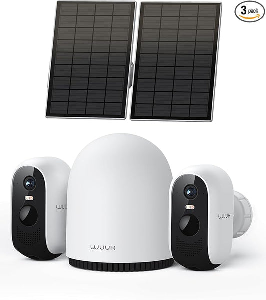 WUUK 2K Solar Security Cameras Wireless Outdoor, 2 Cam-Kit Home Security System, Color Night Vision, Forever Power, No Subscription, 32G Local Storage, Compatible for Alexa, Google Home, 2.4G&5G WiFi