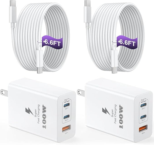 USB C Charger Block 100W, 3-Port GaN Super Fast Charger, Type C Wall Charger Adapter with 6.6ft USB C Charging Cable for MacBook Pro/Air,iPad Pro, i-Phone 16/15Pro, Galaxy S24/S23 and More[2 Pack]
