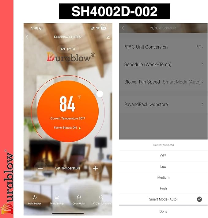 Durablow SH4002D-002 Dual WiFi (2.4G+5G) for Gas Fireplace Valve + Blower + Blower Remote Control, Smart Home, Compatible with Alexa, Siri, On/Off + Timer + Thermostat