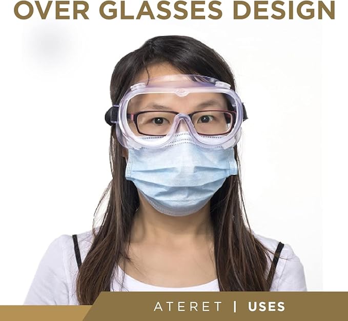 ATERET Anti-Fog Protective Safety Goggles I Lightweight Adjustable Clear Lens Eyewear I Chemical Splash Protection Eyeglass