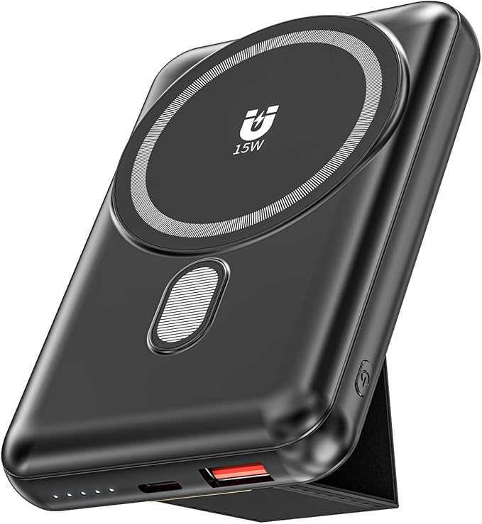 Magnetic Power Bank 10000mAh, Wireless Portable Charger with Stand, 15W Fast Charging Magnetic Battery Pack w/USB-C, Compatible with Magsafe iPhone 15/15 Plus/15 Pro/15 Pro Max, iPhone 14/13/12 Series