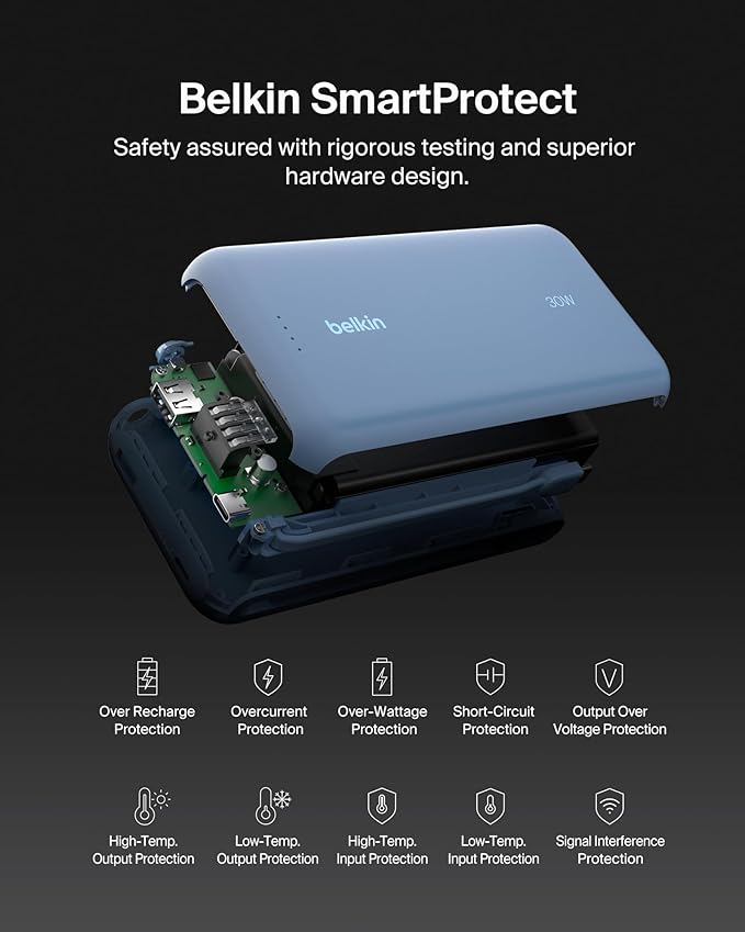Belkin Portable Charger, Power Bank with Integrated Cable 20000 mAh 30W - Fast Charging USB C Power Delivery, iPhone Charger - iPhone 16 Series, iPad Pro, Galaxy S25 Series, & More - Blue