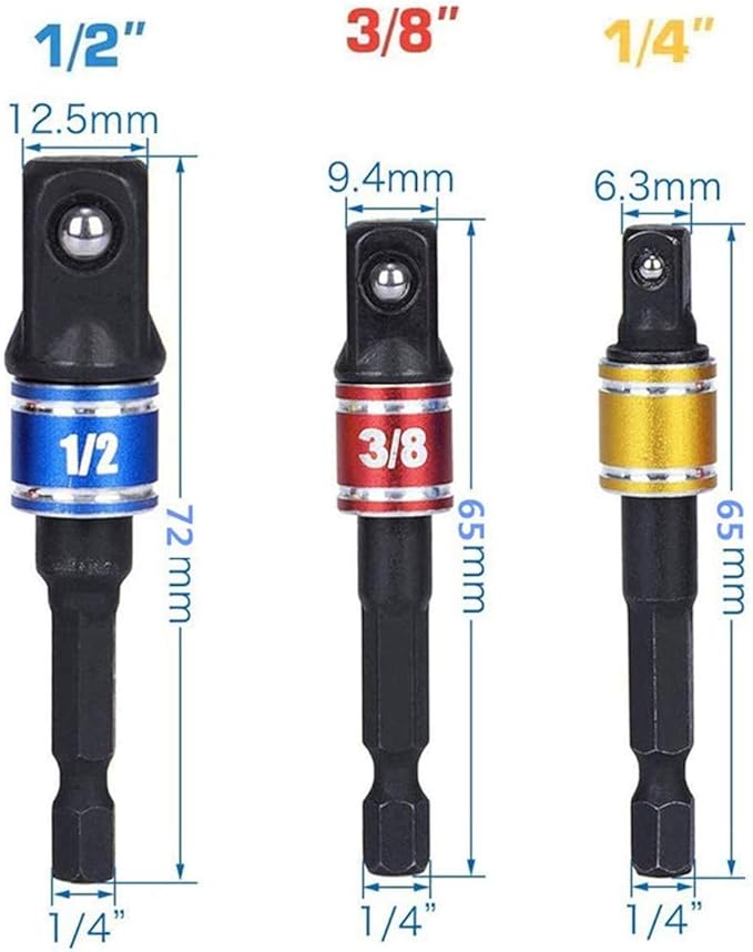 Socket Adapter Extension Set, 1/4, 3/8, 1/2 Inch Hex Shank, Impact Grade, Power Drill to Socket Converter, 3-Piece (Black)
