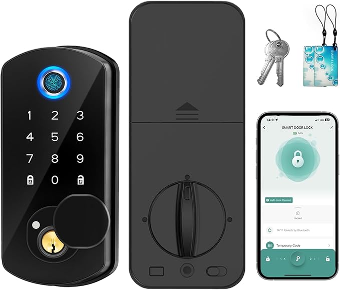 Smart Door Lock Fingerprint Deadbolt, Keyless Entry Door Lock with App Control, Digital Electronic Keypad Touchscreen Code Auto Lock, Biometric Smart Locks for Front Door (Black)