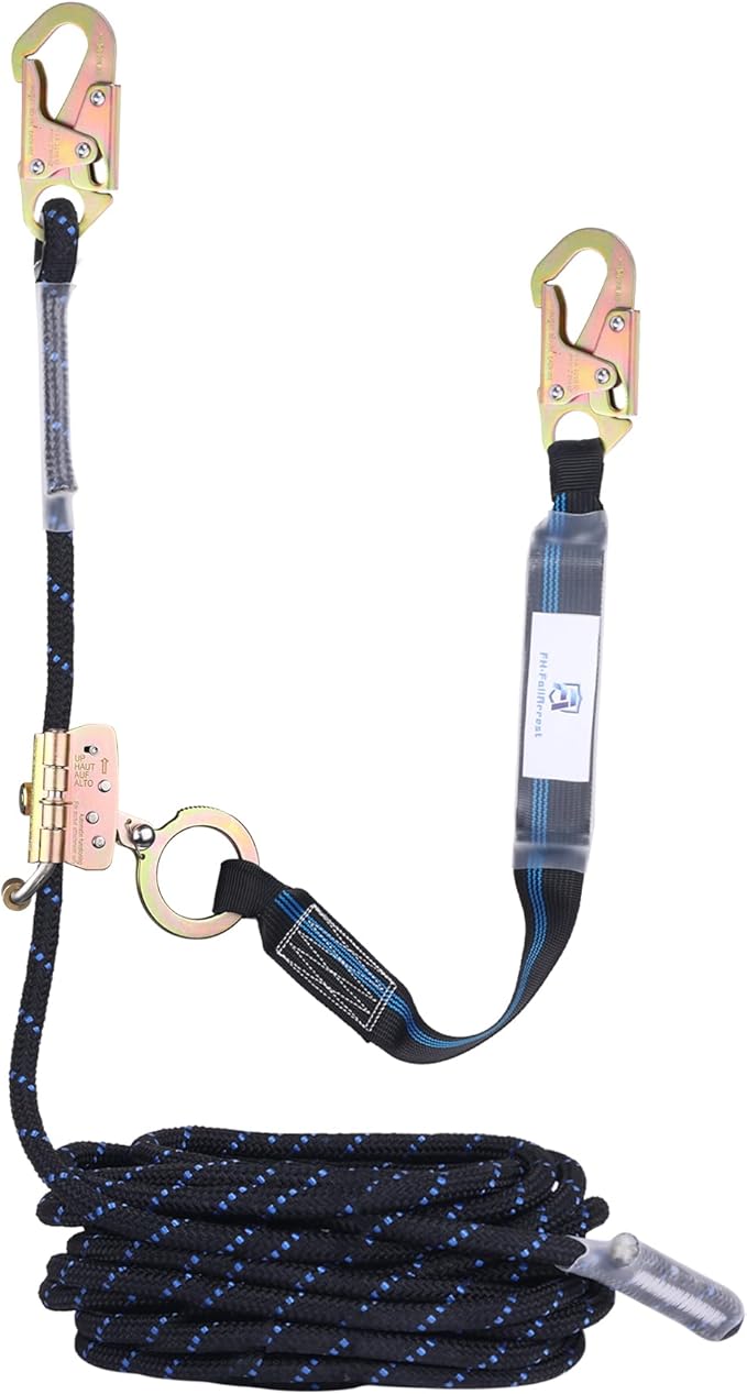 50FT Vertical Lifeline Assembly with Alloy Steel Anti-Panic Rope Grab Snap Hook Shock Absorb Lanyard, Fall Protection Rope Safety Climbing Equipment Roofing Safety Kit, CE ANSI OSHA Rated