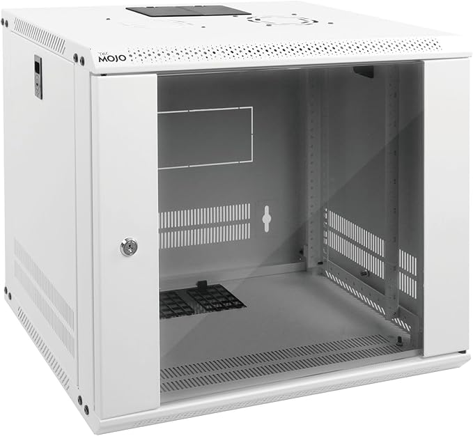 Tecmojo 9U Wall Mount Rack Network Cabinet for 19" IT Equipment,with Lockable Glass Door and Side Panels,Cooling Fan,17.7inch Depth,White,Computer/Electronics Equipment Data Rack