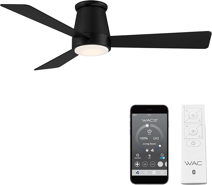 WAC Smart Fans Hug Indoor and Outdoor 3-Blade Flush Mount Smart Home Ceiling Fan 52in Matte Black with 3000K LED Light Kit and Remote Control works with Alexa and iOS or Android App