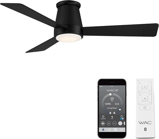 WAC Smart Fans Hug Indoor and Outdoor 3-Blade Flush Mount Smart Home Ceiling Fan 52in Matte Black with 3000K LED Light Kit and Remote Control works with Alexa and iOS or Android App