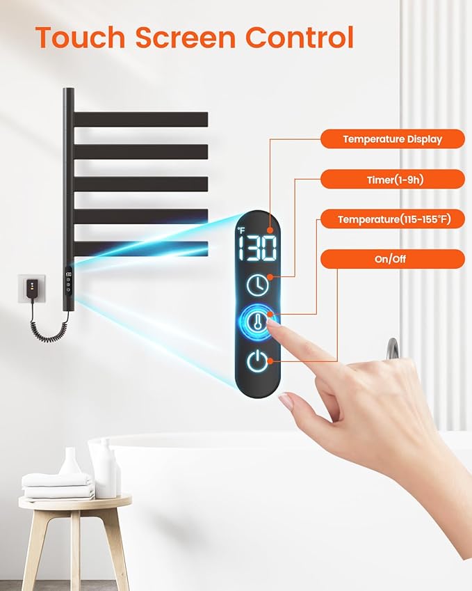 Smart Heated Towel Rack, Black, Stainless Steel, Wall-Mounted, 16.46"L x 16.46"W x 26.57"H, Alexa Compatible, WiFi Remote Control, Touch Panel, 110V, IPX5, Hardwired & Plug-in