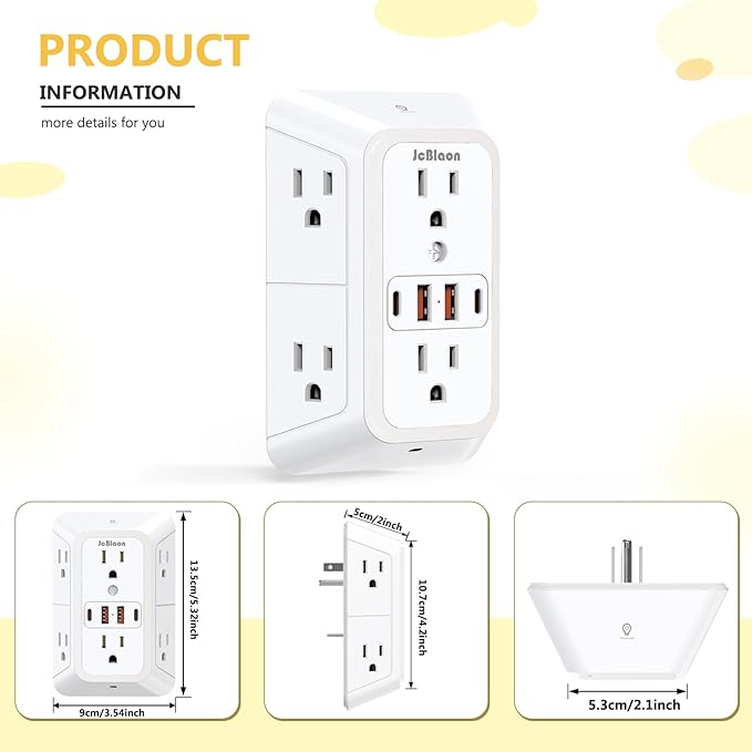 Wall Outlet Extender with Night Light, Power Plug Adapter 6 Outlet Extender with 4 USB Charging Ports 1050J Power Strip Multi Plug Adapter Spaced for Home Travel Office (2U2C)