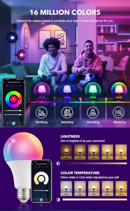 Smart LED Light Bulb, RGB+CCT, WiFi & Bluetooth Control, 16M Colors, Compatible with Alexa & Google Home, Color Changing, Music Sync, 15W, 850 Lumens