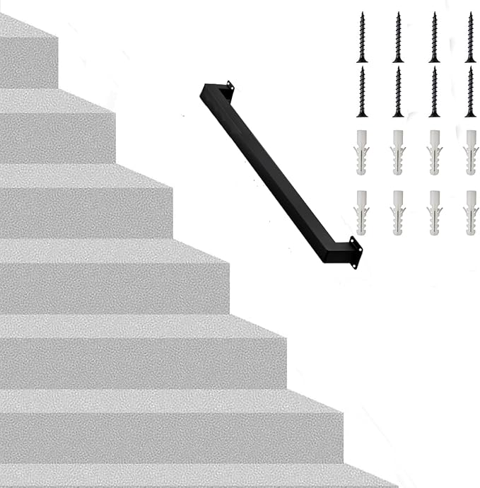 3FT Square Stair Railing Indoor, Black Wall Mount Handrail for Staircase, 440lbs Load Capacity Non-Slip Metal Handrail, Heavy-Duty Carbon Steel Grab Bar for Steps and Porch