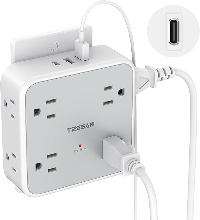 Multi Plug Outlet Extender, TESSAN Outlet Splitter with 8 Sockets and 3 USB (1 USB C), Wall Surge Protector with Power Switch, 3 Sided Multiple Wall Plug Extender for Home, Dorm Room, Office