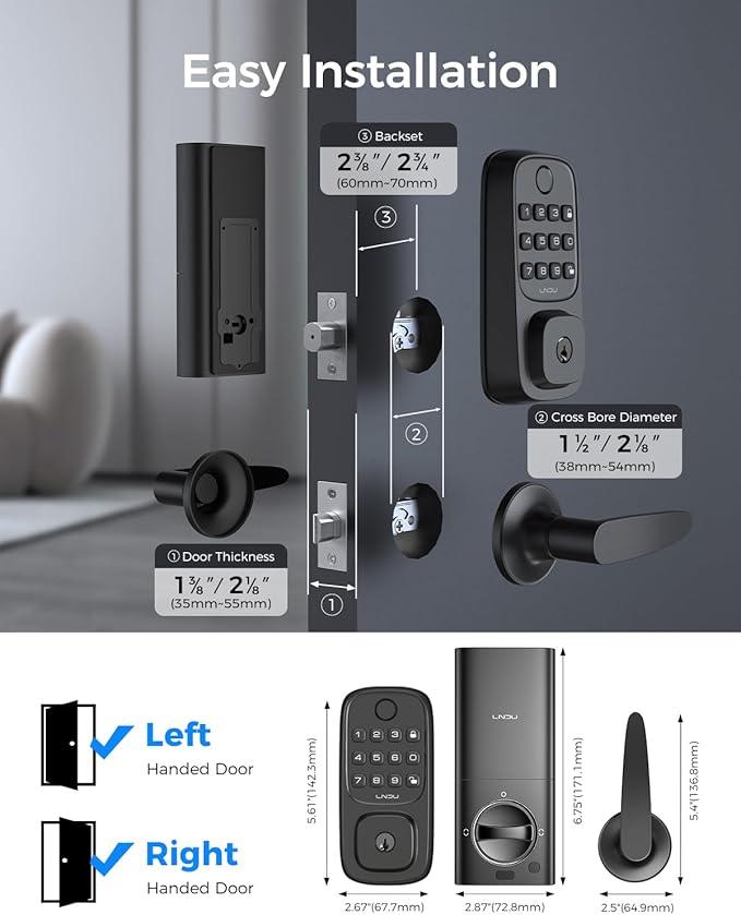Smart Lock, LNDU Wi-Fi Keyless Entry Door Deadbolt Lock with HandleSet, Supports Fingerprint, Amazon Alexa, Google Assistant, App Control, Auto-Lock, One-Time Code, Anti-Peeking Password