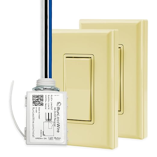 RunLessWire 3-Way Battery-Free DIY Wireless Light Switch Kit 150ft RF Range Self-Powered by Kinetic Energy for Hallways & Stairways: 2 Remote Switches Control 1 5A On/Off Receiver – Ivory