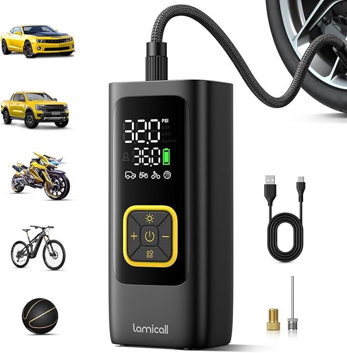 Tire Inflator Portable Air Compressor - Lamicall [4X Faster][150 PSI] Car Bike Air Pump with Rechargeable Battery, Digital Display Pressure Gauge, LED Light, Cordless Pump for Cars, Motorcycle, Ball
