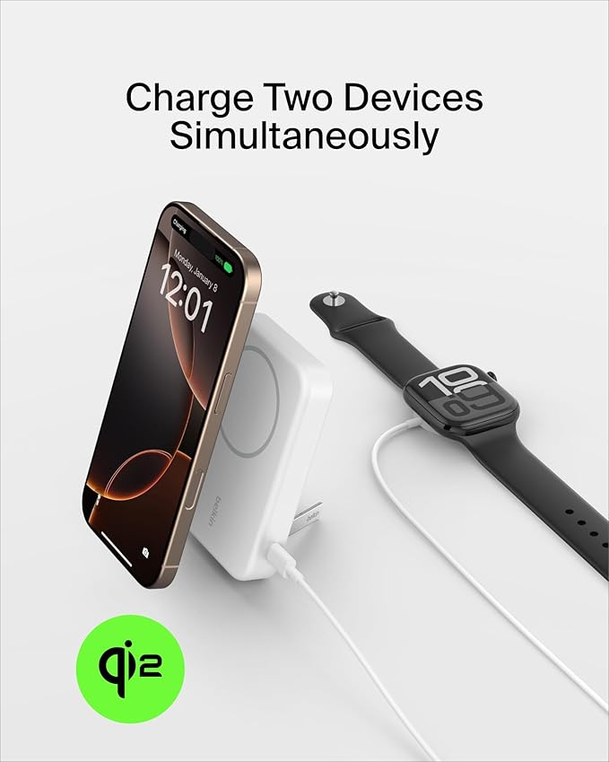 Belkin Portable Charger, Wireless Power Bank 15W 8000 mAh w/ Qi2 - MagSafe Charger w/Built-in Pop-up Kickstand - Compatible w/iPhone 16, 15, 14, Plus, Pro, Pro Max, Google Pixel 10, etc. - White