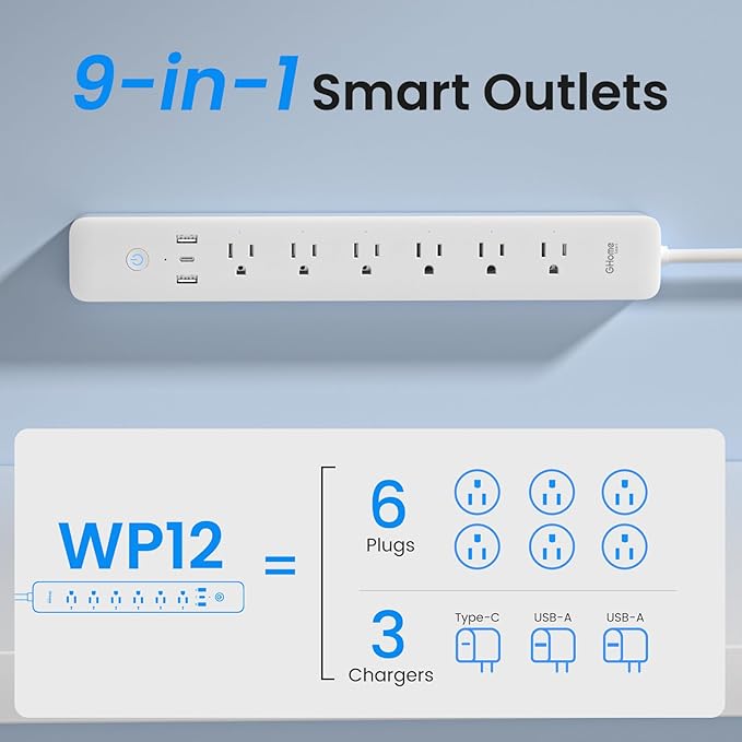 GHome Smart Plug Power Strip, WiFi Surge Protector with 6 Individually Controlled Smart Outlets, 3 USB Ports (2 USB-A and 1 USB-C), Works with Alexa & Google Home, Flat Plug for Home Office, 2.4Ghz