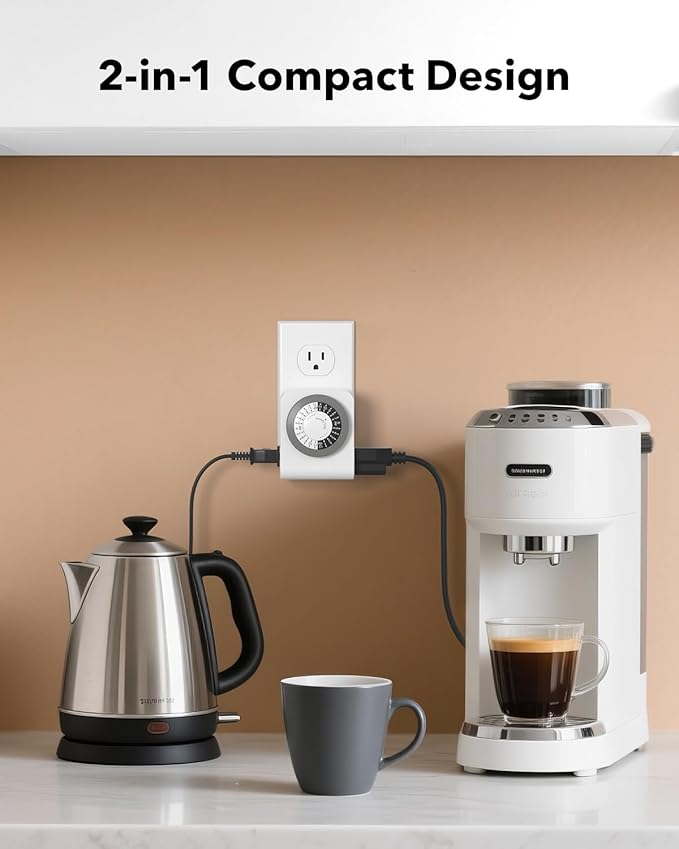 BN-LINK Timer Outlet with 2 Grounded Outlets, Mechanical Light Timers for Electrical Outlets Indoor, 24-Hour 3-Prong Timer Outlet for Lamp, Indoor Lighting and Christmas Lights, 15A/1875W, 2 Pack