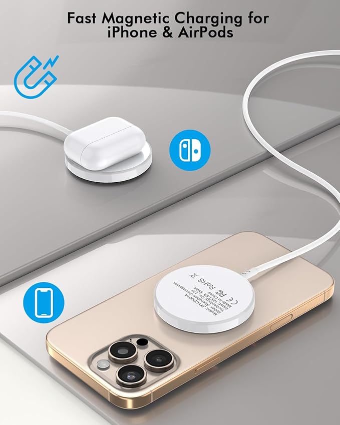 for Mag-Safe Charger,6FT 15W Magnetic Wireless Charging Pad for iPhone16/15/14/13/12 Series & AirPods 3/2/Pro Fast iPhone Wireless Charger Apple Mag Chargers Flat Strong Magnet with iPhone USB C Block