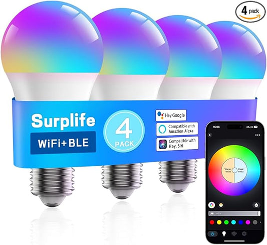 Smart Light Bulbs 4 Pack,2.4G HZ Music Sync Color Changing Light Bulb,Compatible with Alexa &Google Assistant,A19 E26 Dimmable LED Light Bulb 9W 800Lumen for Party Decoration Smart Home