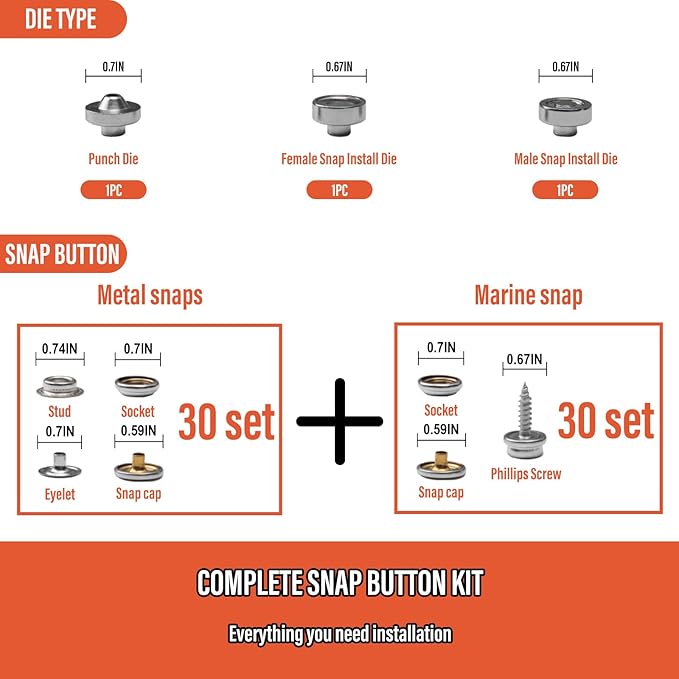 Coowolf Heavy Duty Snap Button Kit, Metal Snap Fasteners Kit Tool with 60 Set Installation or Repair Stainless Snaps for Fabric, Boat Cover, Canvas, Tarp, Clothes