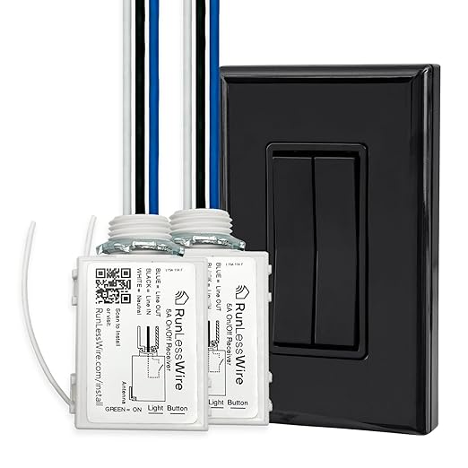 RunLessWire Fan & Light Battery-Free DIY Wireless Light Switch Kit 150ftRF Range Kinetic for Bathrooms & Ceiling Fans: 1 Dual Remote Switch Controls 2 5A On/Off Receivers Separately – Black