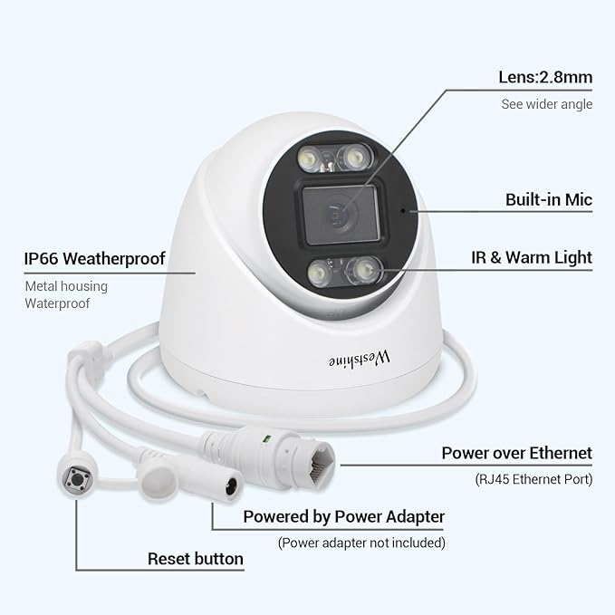 5MP PoE IP Dome Security Camera,Full Color Night Vision,Human Detection,2.8mm Wide Angle,Built-in Mic for Two-Way Audio,Outdoor IP66 CCTV Camera in Metal Housing (SD Card Not Included)