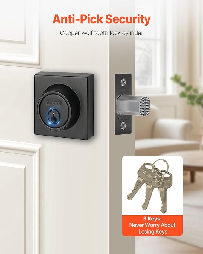 VEVOR Deadbolt Lock, Square Single Cylinder Dead Bolt, Keyed 1 Side, Fits Standard Size Interior and Exterior Doors, Full Metal, with 3 Keys, for Front Entry Door Residential Security, Matte Black