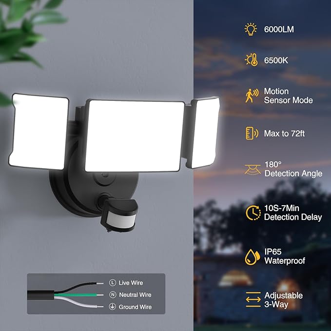 Onforu 65W Motion Sensor Outdoor Lights, 6000lm 6500K Daylight Flood Light Outdoor Motion Sensor, IP65 Waterproof Motion Detected Lights for Outside, Hardwired LED Security Light for Garage Yard