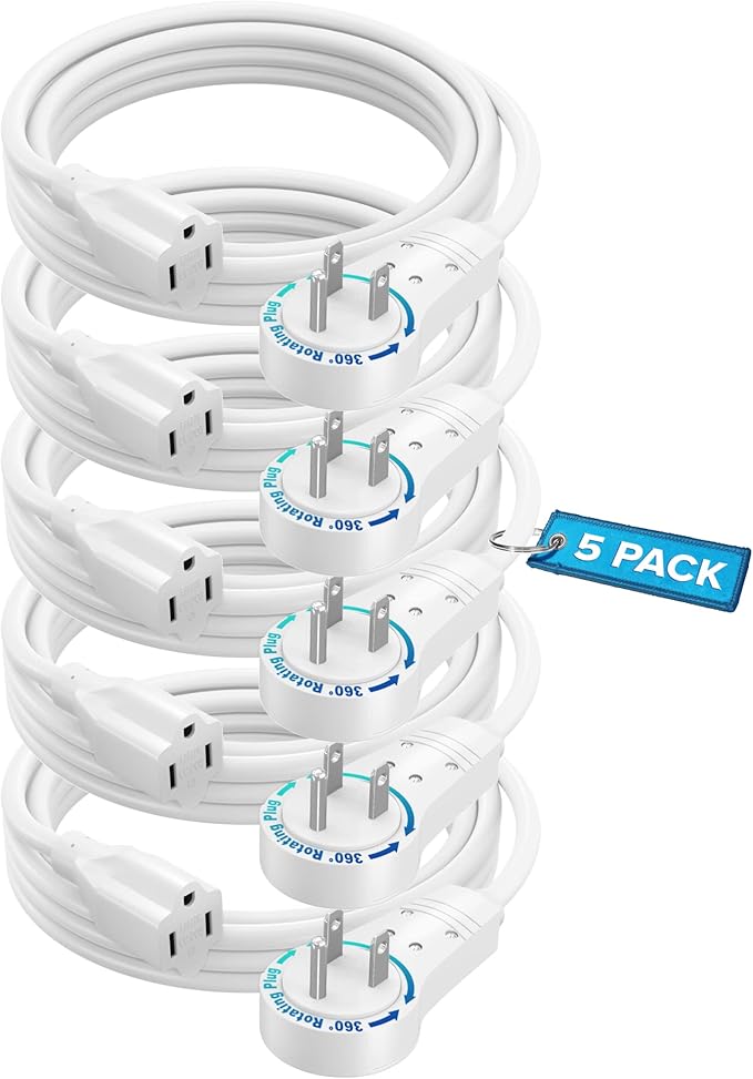 Maximm Extension Cord 6 Feet White (5 Pack) Flat Plug, 360° Rotating Short Power Cord Single Outlet, Indoor 16 Gauge 3 Prong Grounded Wire UL Certified