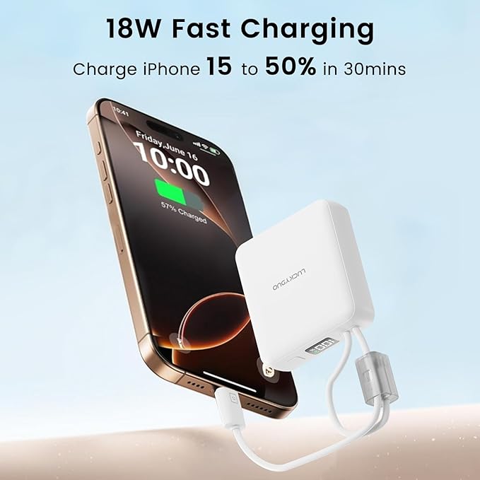 LUCKYDUO Small Portable Charger, Fast charging 22.5W Slim Power Bank 10000mAh with Built-in Cables, LED Display USB-C Mini Battery Pack Travel Essential, Compatible with iPhone, Samsung,Android, White