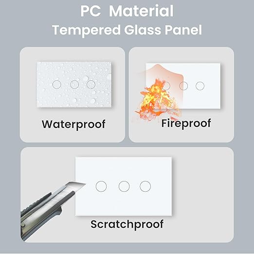 Light Switch No Neutral Wire,Single Live Wire Light Switch No WiFi,Tempered Glass Panel,Total Power Maximum 1000W,FCC Certification,White 3 Gang