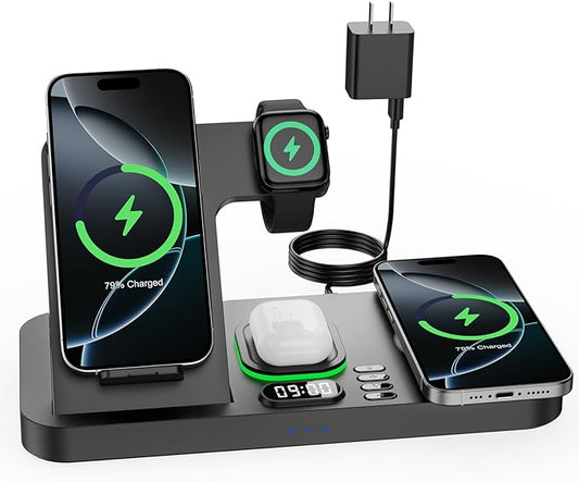 Dual Phone Wireless Charging Station for Apple Devices, Magnetic Charging Station for iPhone with Auto Switch 7-Color Light&Clock, Family Watch Charger for iPhone17 for iWatch10 for AirPods Pro3(Black