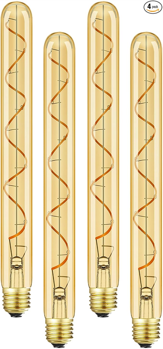 Leools Vintage LED Spiral Filament Bulb T10, 11.8inch Long Tubular Dimmable Edison Light Bulbs,E26 Base,Amber Glass,Warm White,2200K, (60W Equivalent), Pack of 4