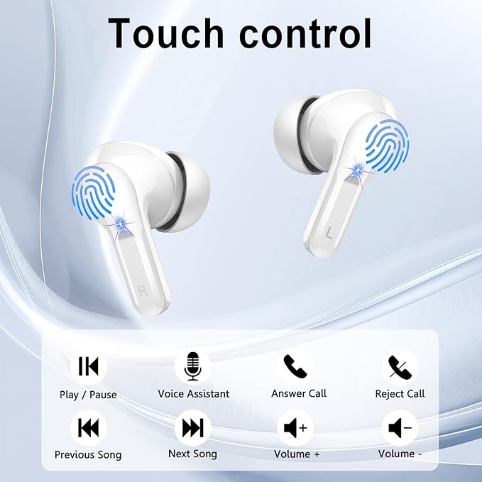 Wireless Earbuds, Bluetooth Headphones 5.4 HiFi Stereo, Ear Buds with 4 ENC Noise Cancelling Mics, 48H Bluetooth Earbuds with Dual LED Display, IP7 Waterproof in Ear Earphones for Android iOS, White