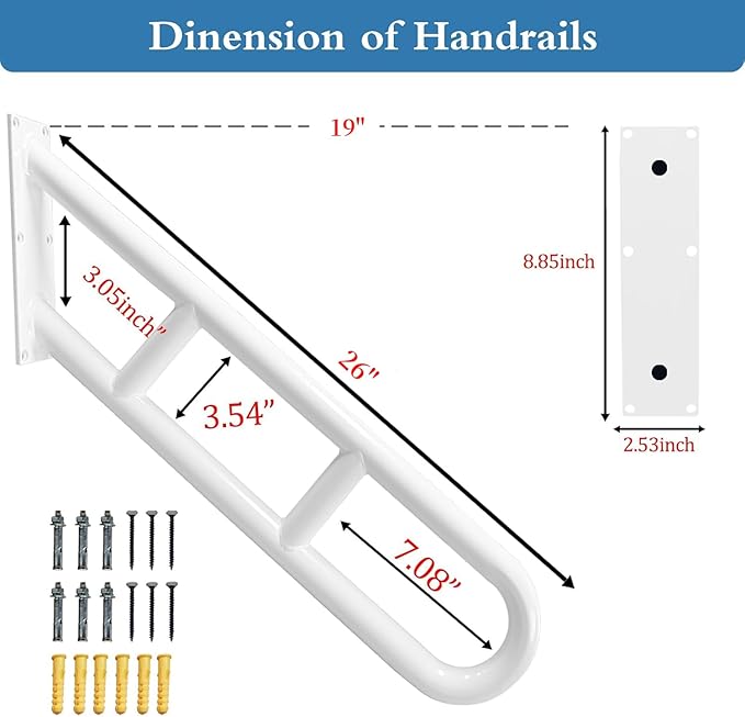 U-Shaped Hand Railings for 1-3 Steps, Wall Mounted Stair Railing with 2 Anti-Skid Crossbar for Kids, Elderly, Pregnant Women, Disabled, Stair Handrails for Outdoor Steps (White U-Shaped 1 Pack)