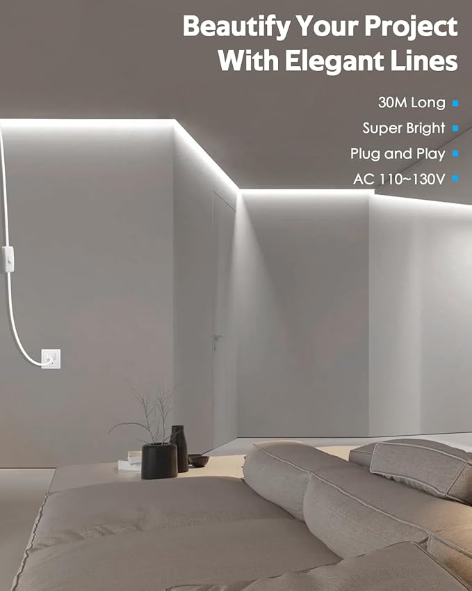 AC 110V-120V LED Strip Lights 100FT Outdoor Waterproof LED Rope Light for Outside Self-Adhesive 6000K Super Bright Cold White Plug in SMD 2835 120LED/M IP67 for Garden Patio Christmas Decor