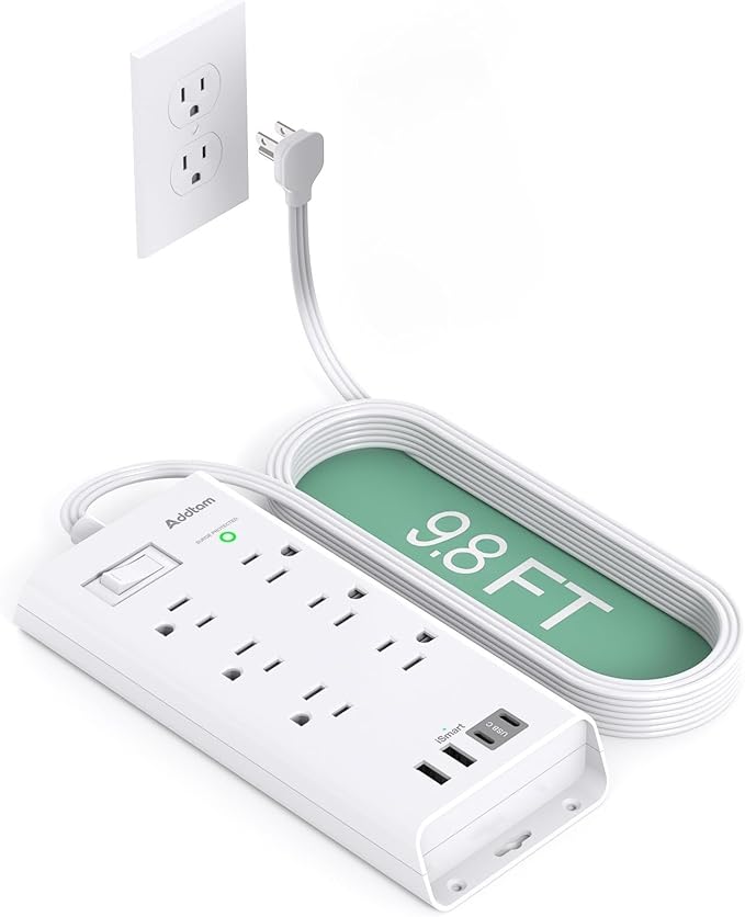Surge Protector Power Strip 9.8FT, Addtam Flat Plug Extension Cord with 6 Outlet 4 USB Ports (2 USB C), Outlet Extender Strip for Home Office College Dorm Room Essentials