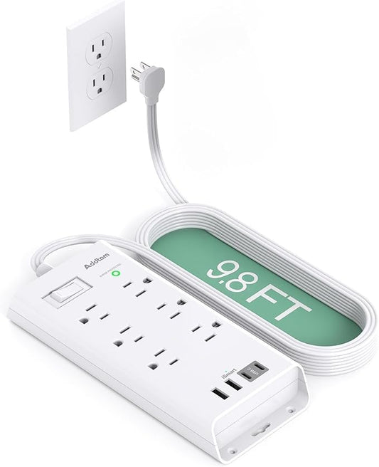Surge Protector Power Strip 9.8FT, Addtam Flat Plug Extension Cord with 6 Outlet 4 USB Ports (2 USB C), Outlet Extender Strip for Home Office College Dorm Room Essentials