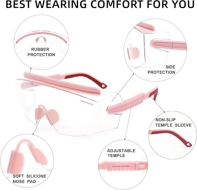 UKNOW Safety Goggles Over Glasses, Anti Fog Safety Glasses with Clear Wraparound Lens, ANSI Z87.1 Protective Eyewear