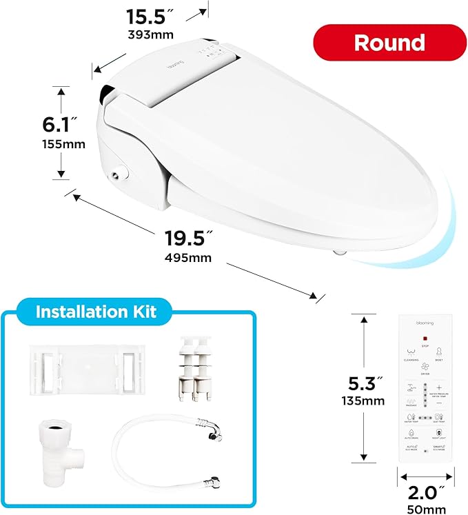 Blooming NB-R1060TR Bidet Toilet Seat, Smart Toilet Seat with Dual Nozzle, Warm Water, Dryer, Heated Seat, Ambient Nightlight, Electric Bidet with Remote (White/Round)