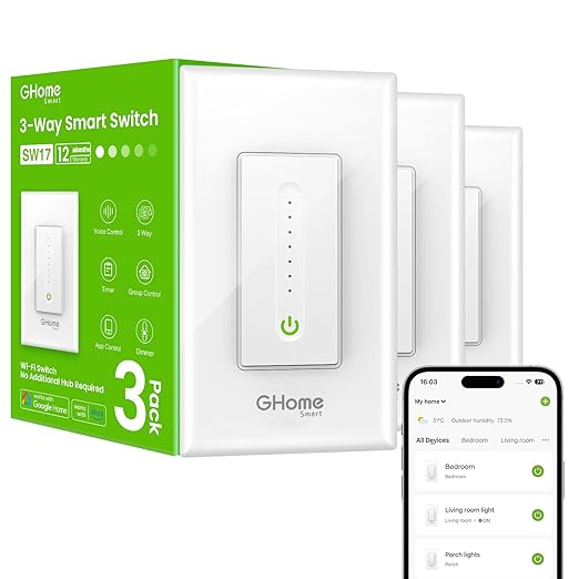 GHome Smart 3 Way Dimmer Smart Switch Can Work Separately Or Work with Traditional 3-Way Switch, Compatible with Alexa, Google Assistant, Neutral Wire Required, 2.4GHz WiFi Only, FCC Certified, 3 Pack