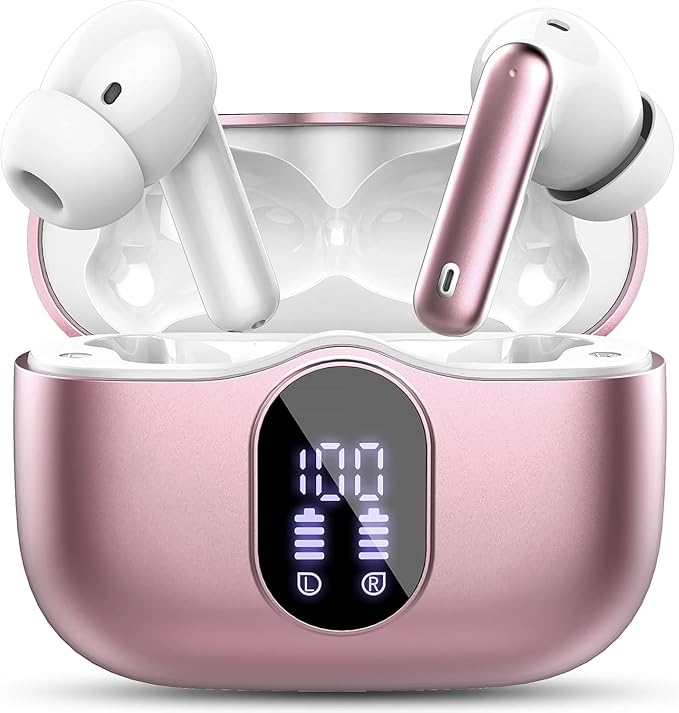 Wireless Earbuds, Bluetooth 5.4 Headphones Bass Stereo, Ear Buds with Noise Cancelling Mic, IP7 Waterproof in Ear Earphones, 36H LED Display Bluetooth Earbuds for Laptop Pad Phones Sports, Rose Gold