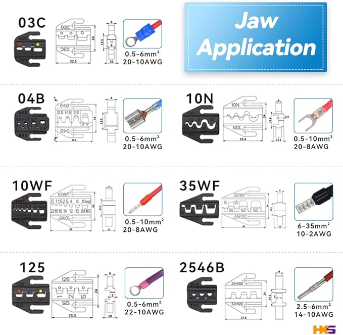 HKS Ratcheting Crimping Tool Set 8 PCS - Quick Exchange Jaw for Heat Shrink Terminals, Non-Insulated, Open Barrel, Solar Conncetors, Insulated and Non-Insulated Ferrules AWG 20-2
