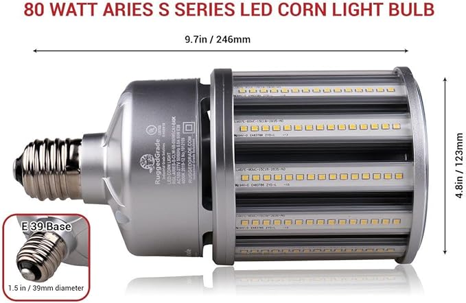 RuggedGrade Aries S Series 80W LED Corn Bulb | 10,400 Lumens | 4000K | Fanless Design | Built-in 6KV Surge Protection | DLC 5.1 Premium